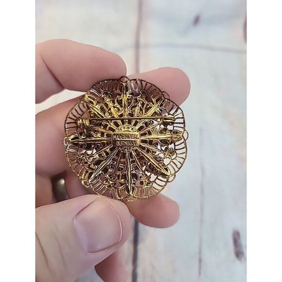 Vintage Made In West Germany Turquoise Gold Tone Brooch Pin Flowers Beauty round - Picture 2 of 3